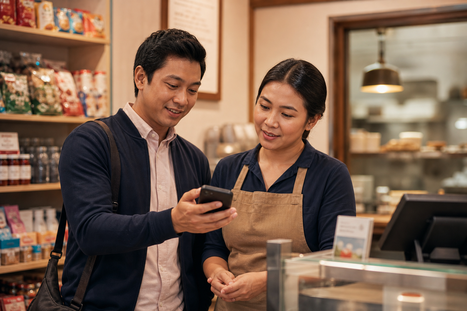 渠道伙伴和店主一起看手机里的经营助手